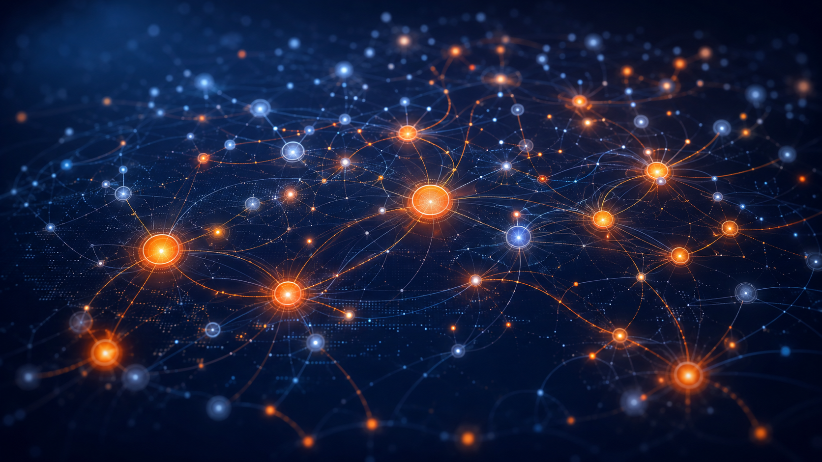 A real domain-specific AI digital brain — a dense knowledge graph of nodes and relationships, with focal nodes glowing in brand orange against a deep navy canvas